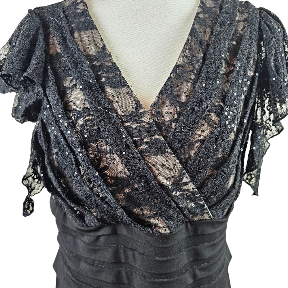 Melrose Bodycon Flutter Sleeve Black Lace Ruffled Cocktail Dress In 16 - Picture 2 of 8